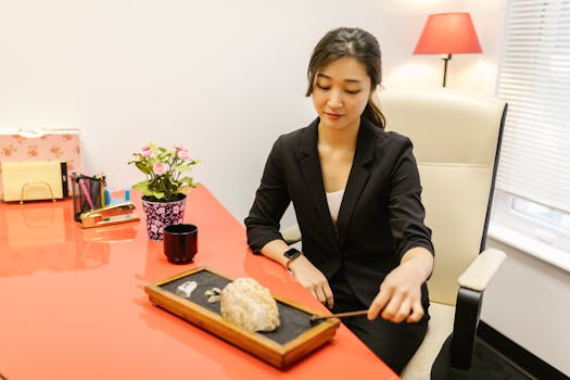 person meditating at their desk